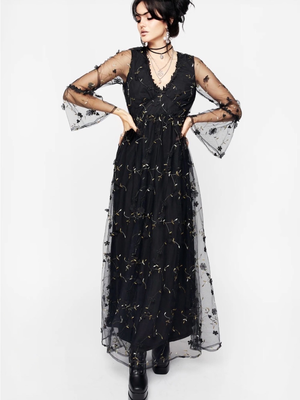 Disturbia Black Sheer Floral Embroidered Maxi Dress